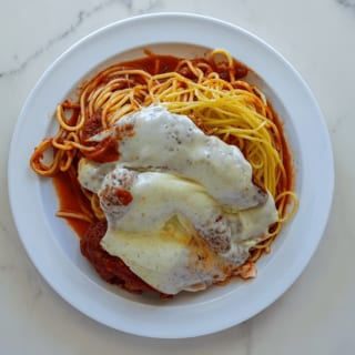 Chicken or Eggplant Parmigiana with Spaghetti