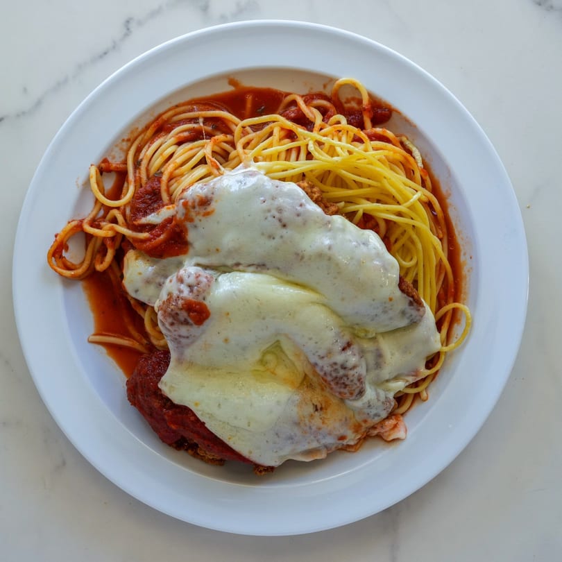A white plate of RigaTony's spaghetti with meatballs and melted cheese in red sauce.